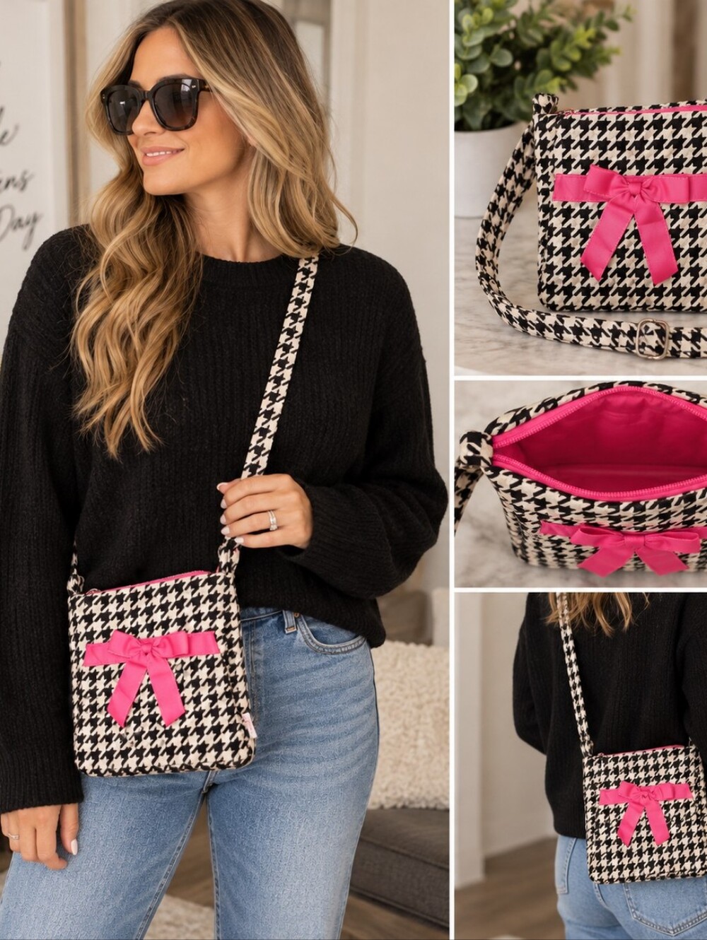 Belvah fabric herringbone Quilted Crossbody Bag Purse black‎ white pink bow